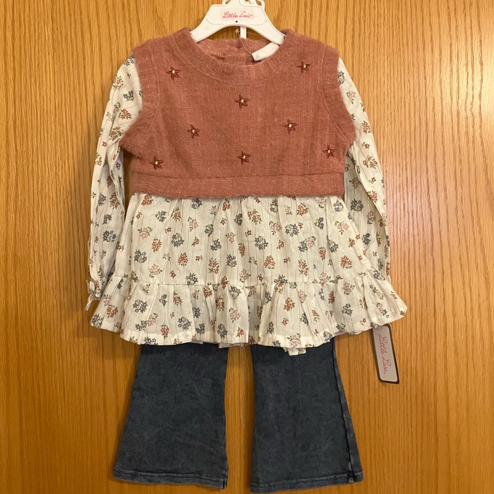2-pc Little Lass Outfit- Floral Long Sleeve Top w Pink Vest, flare leggings